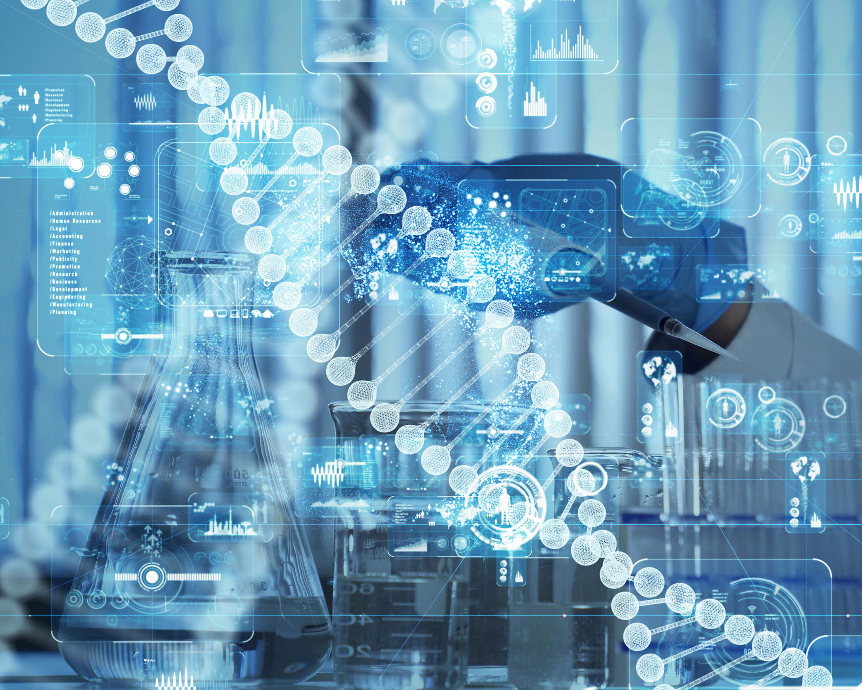 DNA and data graphics over lab bench, pipette