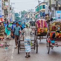 View of the traffic on the main road in Srimangal, Bangladesh
